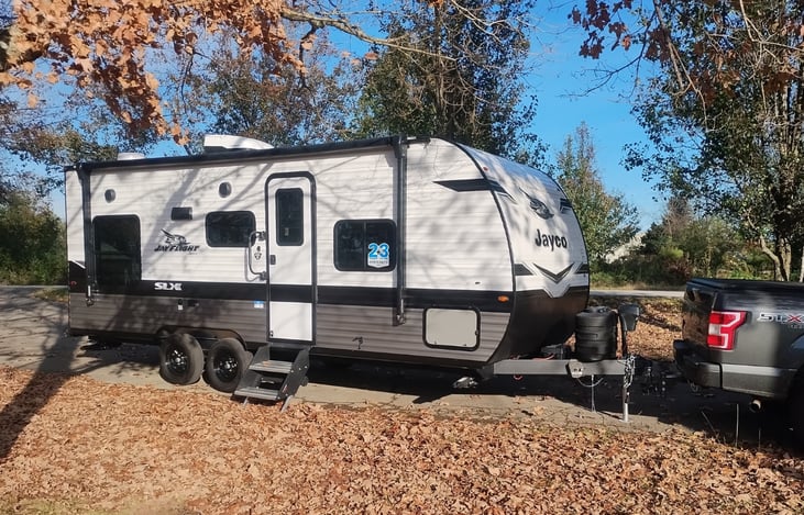 Easy-to-tow Jayco travel trailer, clean and ready for your getaway.