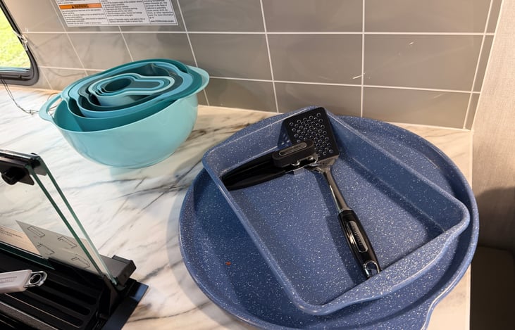 Serving plates, utensils and mixing bowls included in rental