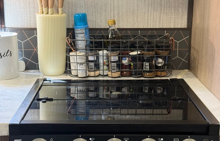 Basic cooking spices provided, including salt, pepper, cooking spray, and common blends for everyday meals.