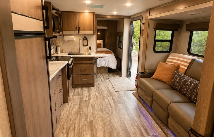 Designed to feel less like an RV + more like a boutique stay. Warm, intentional and thoughtfully styled from one end to the other.
