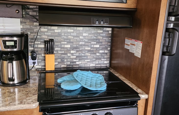 Gas stove, microwave, toaster oven and coffee maker