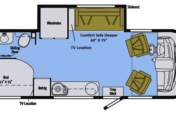 Floorplan. 'Proper' mattress in the back and pullout sofa sleeper up front. Sleeps 4 adults.