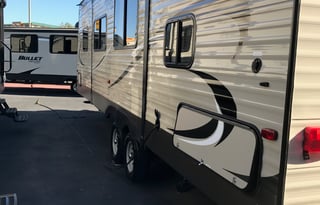 2018 Keystone Hideout, 26' long plus 3' hitch. Total: 29 Feet long.