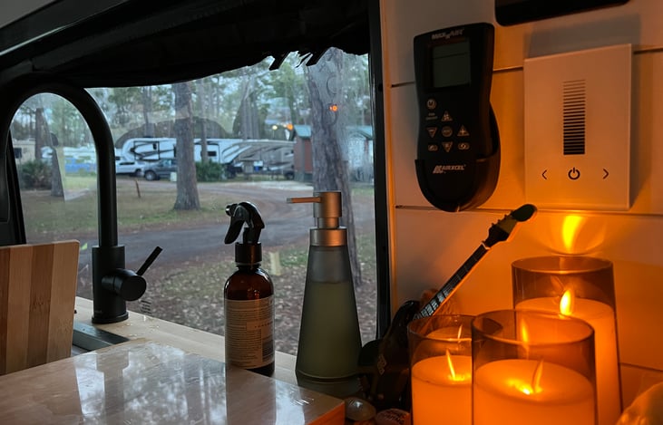 These candles are great for ambiance and are battery operated (no fires or smoking in the van).