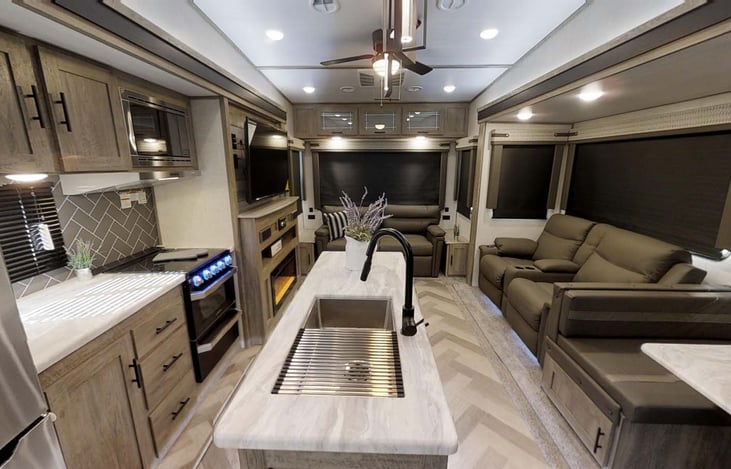 Sleeper Sofa sleeps 2 adults, 2 recliner chairs with electrical outlets in center console and USB plugs.