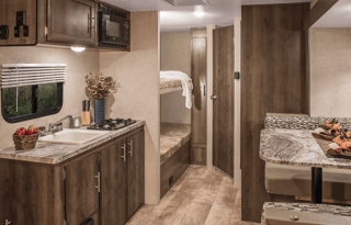 Modern travel trailer bunk house layout with all the comforts of home