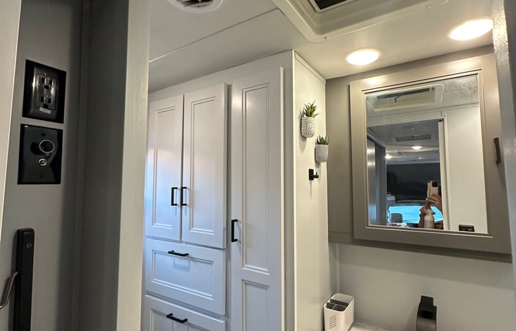 Bathroom and storage drawers.