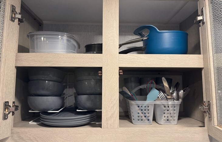 Place settings for 6 with basic cooking and baking supplies.