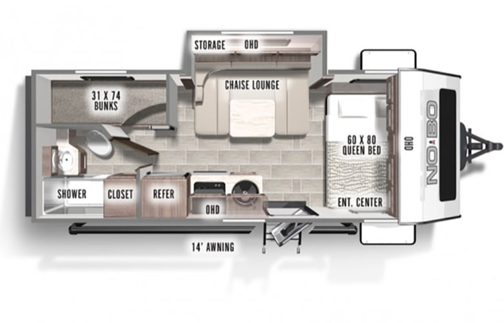Spacious layout, dinette lays down into a full size bed for additional sleeping space.