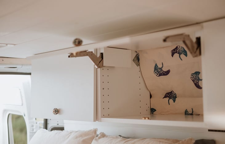 Thoughtful details like this hand-printed manta ray fabric backing in the upper storage make Bertha a gem.