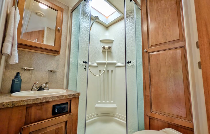While most guests shower and do the "heavy business" in the campground bath house, we LOVE our spacious bathroom.