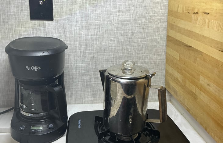 Electric 4 cup drip coffee maker and 8 cup percolator available with filters. Just bring your favorite coffee!