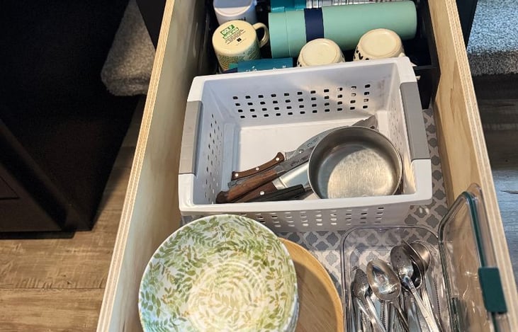 dishware, drinkware, utensils, and basic cookware provided
