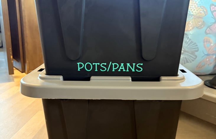 All bins are labeled and organized for easy to find items needed. Ready to store and keep out of the way.