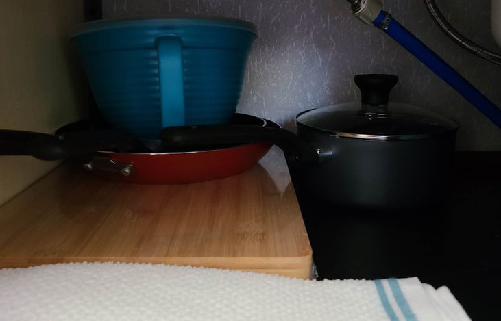 Cutting board, pots and pans also included. Along with dish towels. Steak knifes also included.