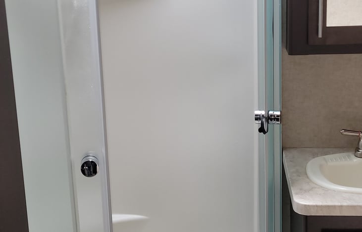 High ceiling large step in shower