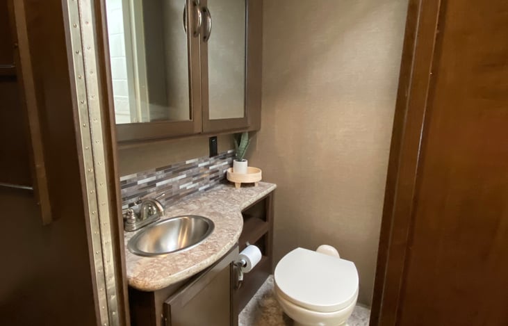 Bathroom: sink, medicine cabinet style storage, and shelving