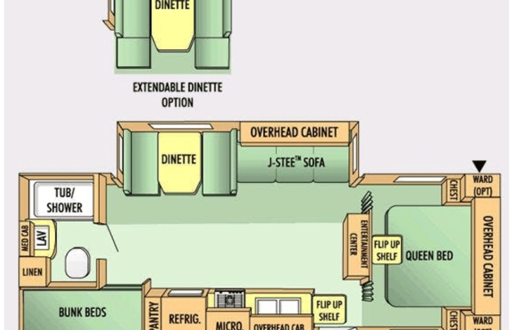 The layout makes it a really spacious living space. The bunks and the queen bed have privacy curtains.