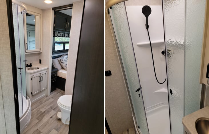Large Bathroom w/Access from living space and rear bedrooom + 32" Corner Shower w/Sliding doors