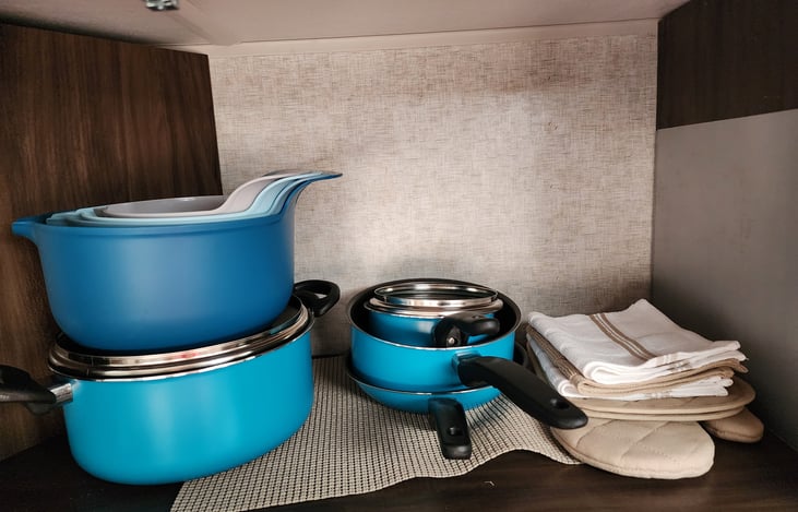 Pot, pans, mix bowls and oven mits