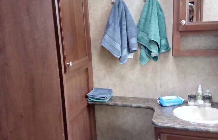 Bathroom sink and mirror.