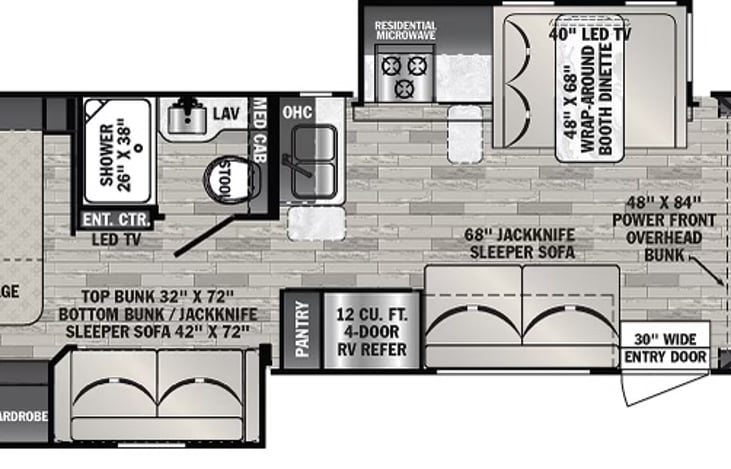 Floor plan layout - 1 bathroom with shower, 6 beds (1 king, 1 twin too bunk bed, 1 double bottom bunk bed, 1 sofa double bed, 1 table double bed, and 1 overhead double bed