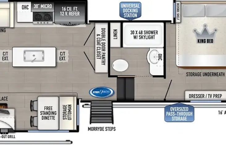 Birds eye view of large layout, however, has cut off living area with couch on left side. Black rectangles next to bathroom indicate two steps.