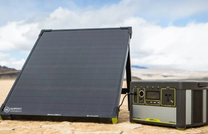 Goal Zero solar panel and battery provide more than twelve hours of power and charges quickly in the sun or while driving for use off-grid. Power lights, chargers, music, computer, tablet & more.