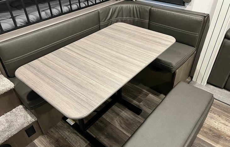 Dining set up, table and bench can be moved around