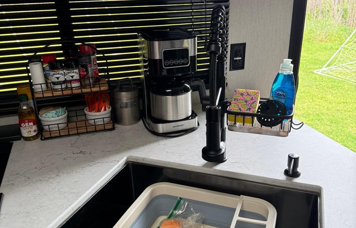 Kitchen coffee bar and spice rack( lots of spices for use)