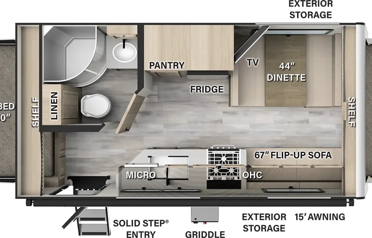 Two queen beds one in front and one in back that fold down.