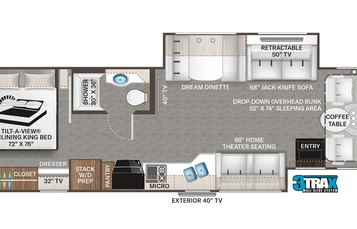 Floor plan shows adjustable King size bed in master with flat screen TV and plenty of closet space.