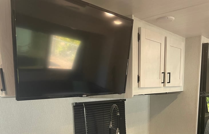 The TV has USB ports in the back, so bring along your Amazon Fire Stick! The tv panel also swings out for extra storage and dishes behind the TV.