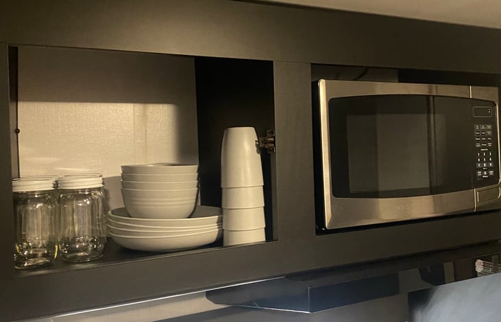 Cups, plates, bowls and microwave.