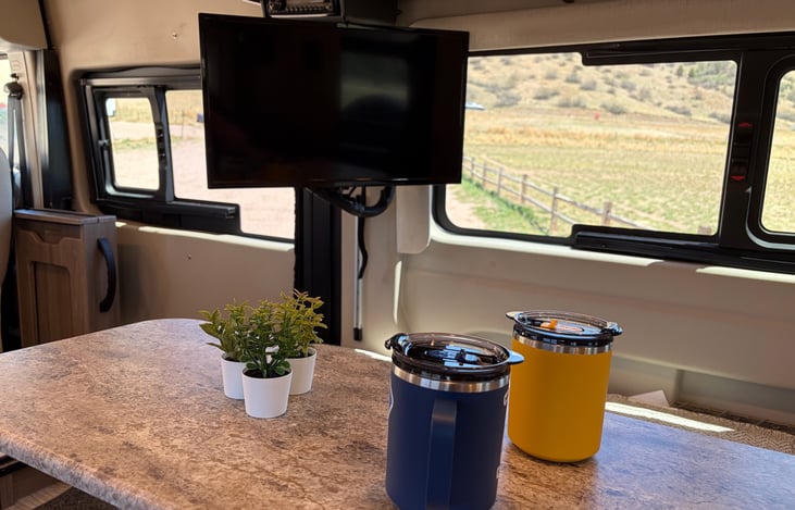 The van comes equipped with a 24" TV and a Winegard antenna booster in case you want to just chill out and watch some TV.