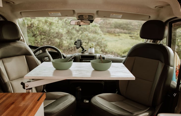 The seats swivel inside making it easy to eat or work remote.