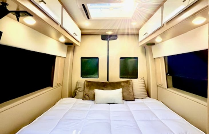 After a long day of adventure, wind down in your comfy bed.  It's easy to stargaze... just look up right through the skylight above you!  Complimentary crisp, plush linens are available upon request