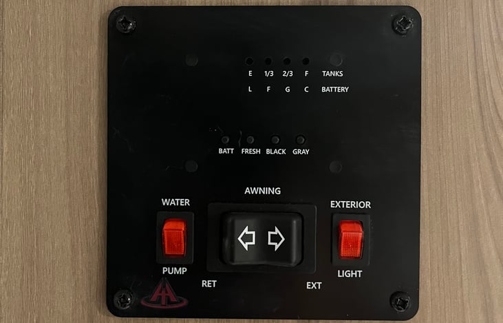 Panel control for water pump, awning, battery, gray water & black water