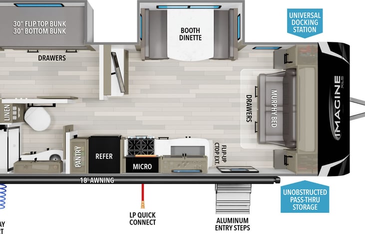 Regular size queen Murphy bed, a bunk room that has 2 bunk beds, full bath and kitchen with dinette