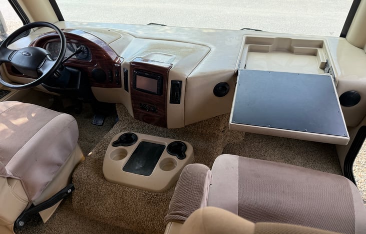 Driver and passenger captains chairs, multiple adjustments and that swivel when parked for extra chairs in the living room to watch TV and join the fun