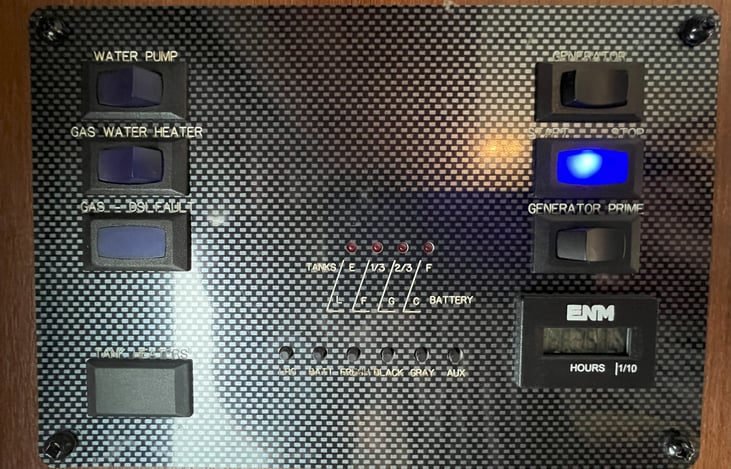 This board monitors all onboard systems - generator control and water tank, propane, and battery levels