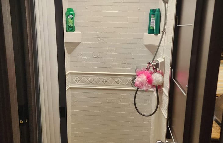 Spacious shower with Shampoo, Conditioner and Body Wash in dispenser on wall (not shown, but has been added)