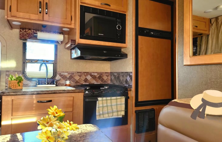 Kitchen area; Large fridge and freezer, microwave, propane stove, double sink, pleanty of dish cabinets and even an oven. Coffee maker and coffee supplies are in the closet across from the fridge.