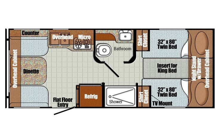 Floorplan is flexible - bedroom includes two twin beds or one king bed;  bathroom has door that either splits camper front and back, or closes for privacy in toilet area