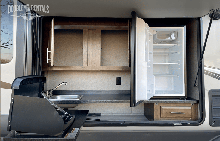 Outdoor Kitchen with Cabinets, Mini Fridge, Sink and 2-Burner Swivel Cooktop, Perfect for Tailgating or Hanging Outside with Your Peeps