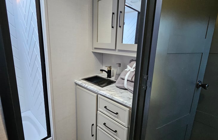 Large vanity in bathroom