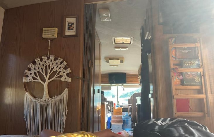 This is the view from the bedroom to the front of the RV. There is a TV, a Bookshelp and a pretty macromea decor piece along with a smoke detector.
