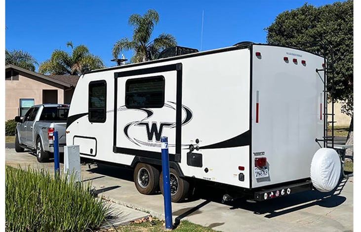 We mostly stay at very clean Military Campgrounds like this one. Seal Beach Naval WS, Seal Beach, California. Note: Dual axles are much safer than single axle trailers in case of tire failure.