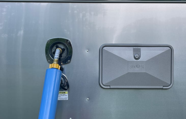 Water filtered at the hose hookup. Electric is 30amp but we have an adapter for 50amp. Just ask and I will send it with you!