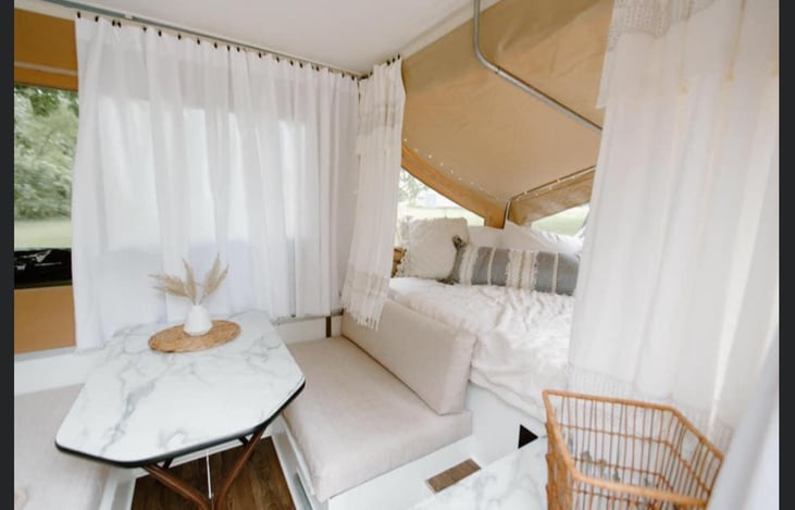 Curtains, pillows, blankets, decor, hanging shelf not included